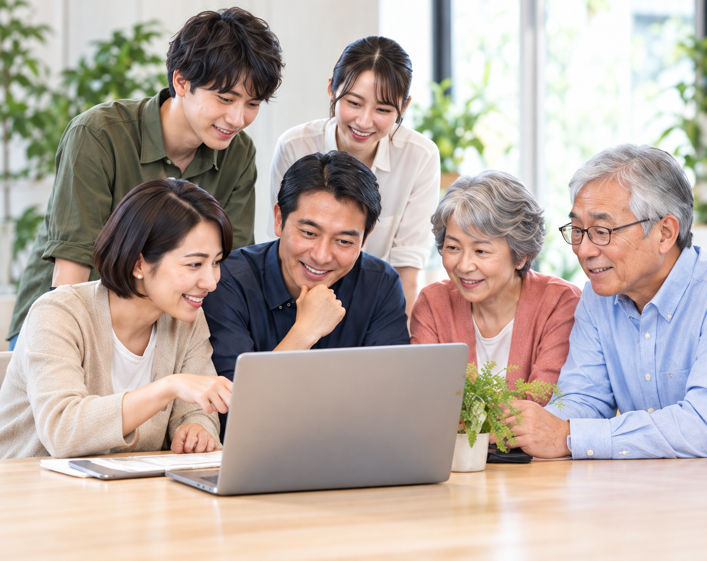 若い世代からシニアまで、ノートパソコンを囲んで協力する学習風景のAI生成イメージ