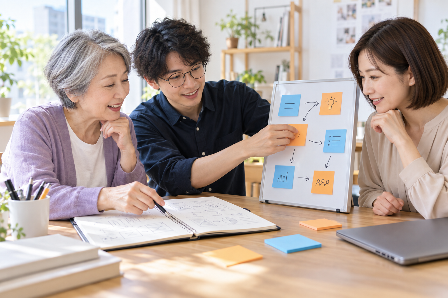 それぞれの視点で協力する三人の学習イメージ(AI生成)